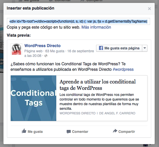 Insertar publicacion de Facebook en WordPress 2