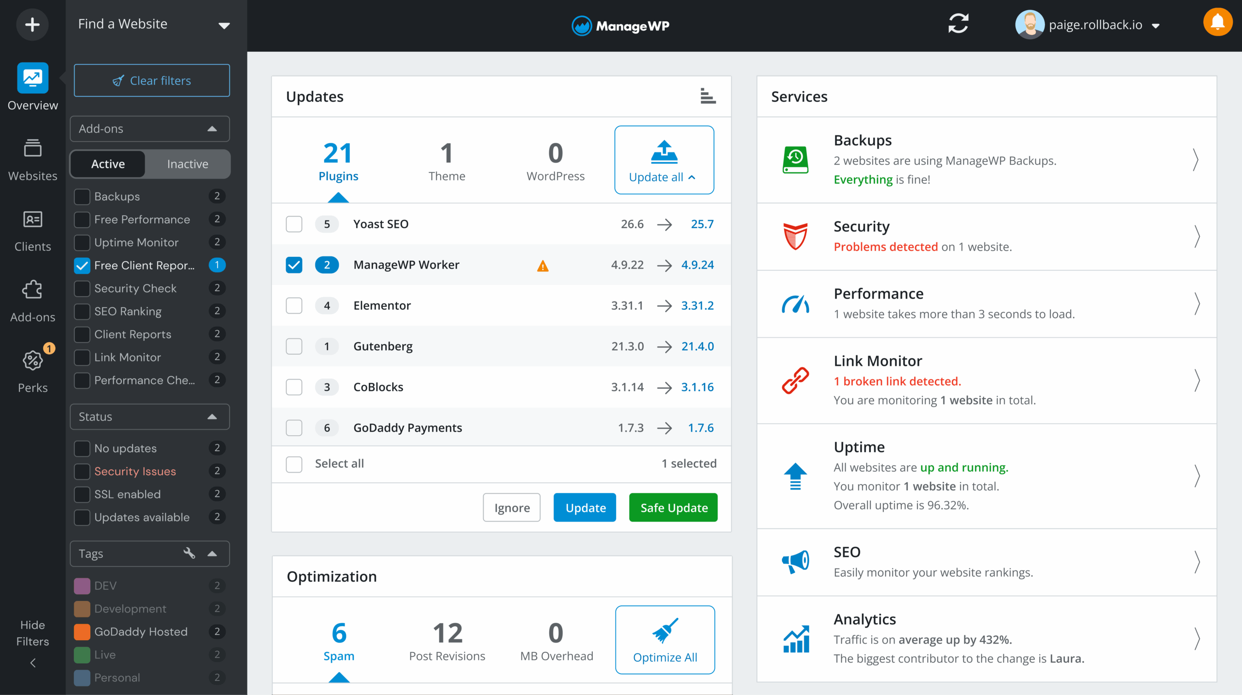 Panel de ManageWP para gestionar varios sitios WordPress