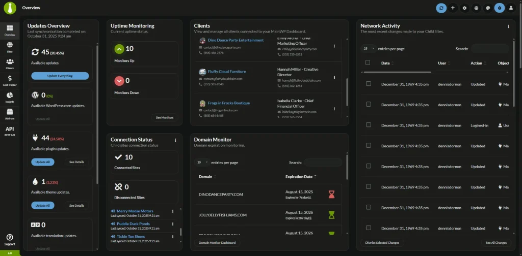 Panel de MainWP para gestionar varios sitios WordPress