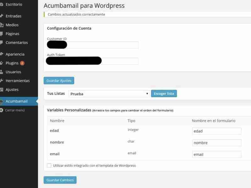 Plugin: acumbamail para WordPress