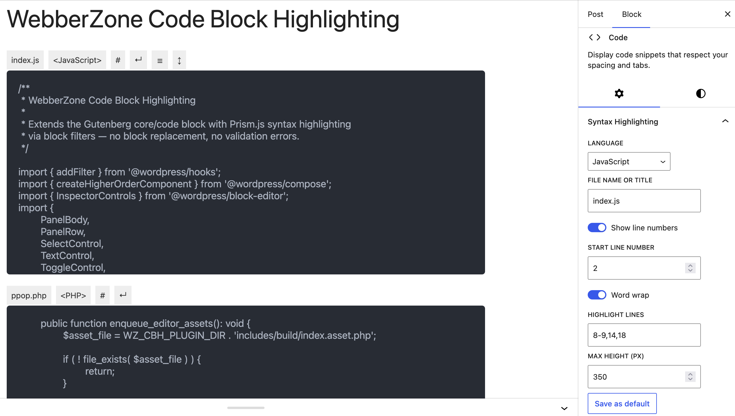 Editor de bloques de WordPress con el panel de WebberZone Code Block Highlighting para elegir lenguaje y mostrar números de línea