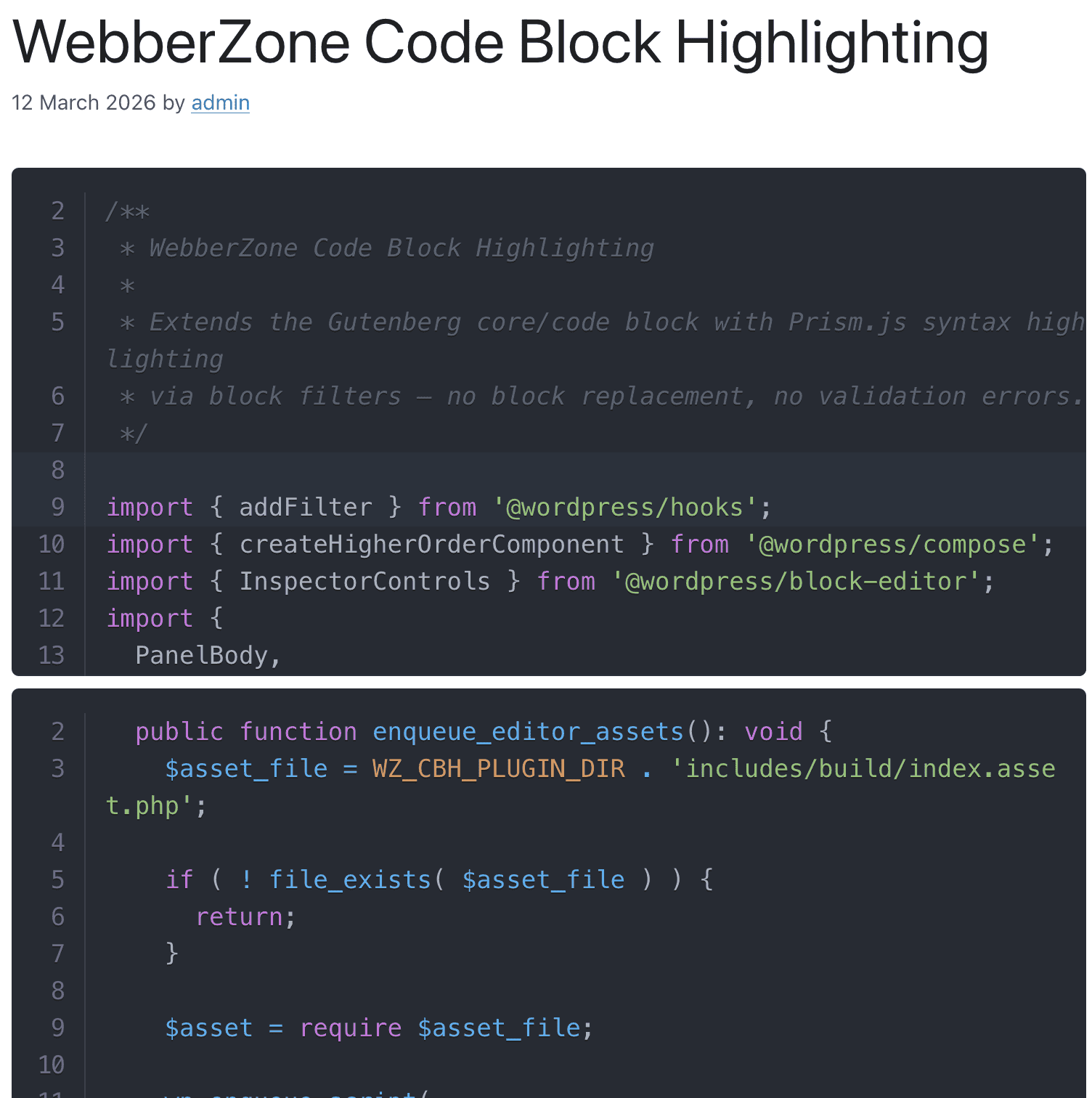 Bloque de código con resaltado de sintaxis y números de línea en la vista pública de WordPress