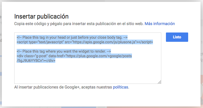 Insertar publicacion de Google Plus en WordPress