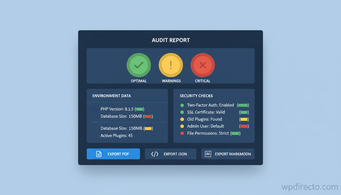 Panel de auditoría WordPress con indicadores de seguridad y exportación