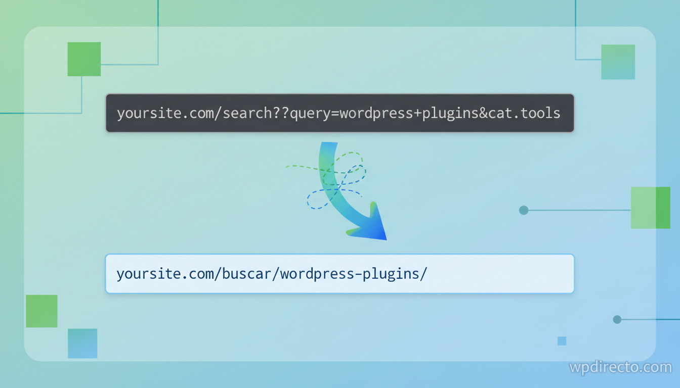 A browser address bar showing a clean friendly WordPress search URL like 'yoursite.com/buscar/wordpress-plugins/', arrow t...