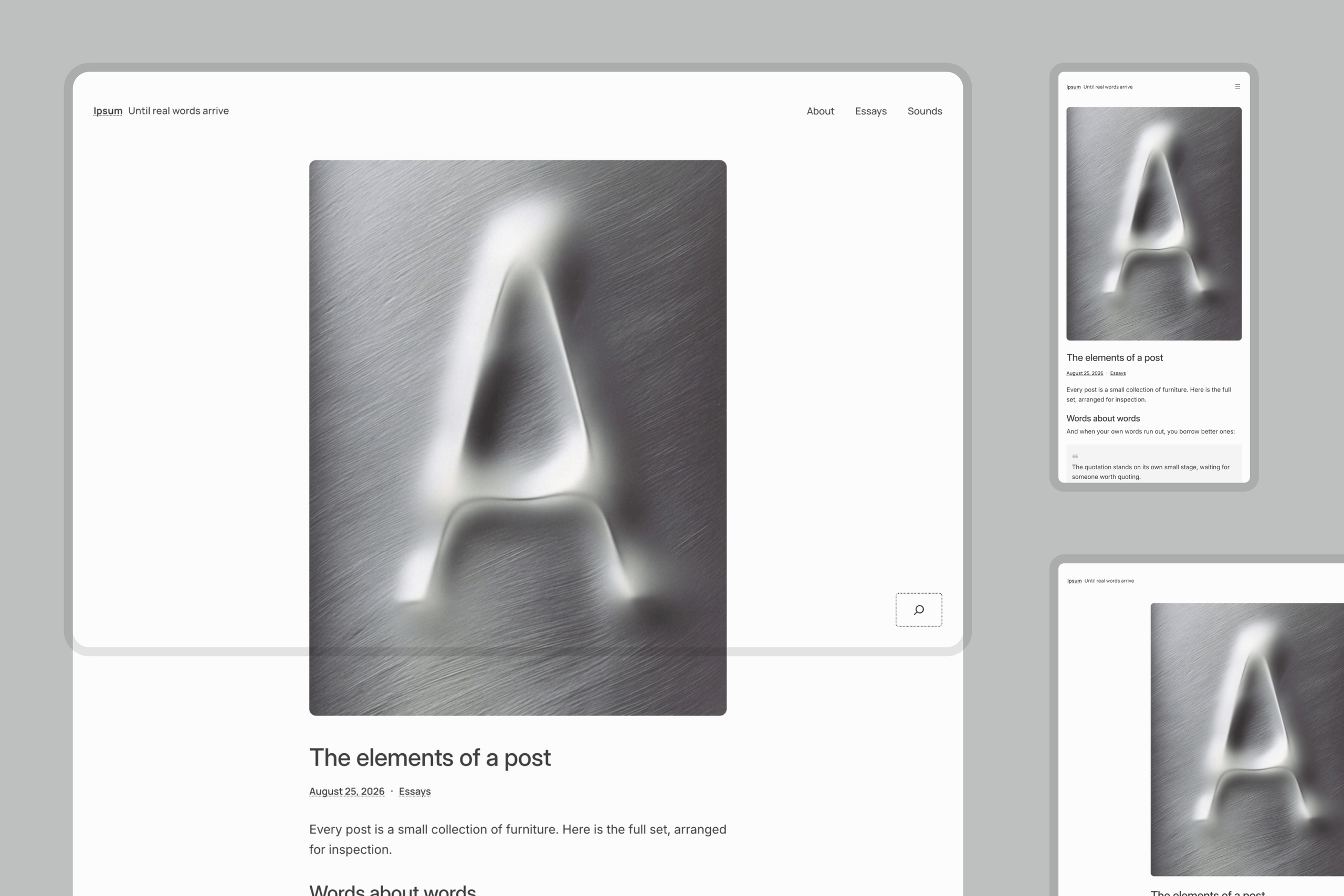 Captura del tema Ipsum de WordPress con una entrada vista en escritorio, tableta y móvil